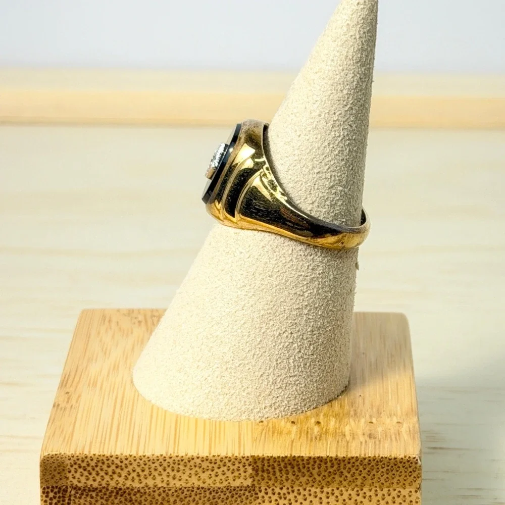 Vintage Classic Karatclad Black Onyx Diamond Signet Ring Heavy Gold EP Size 8